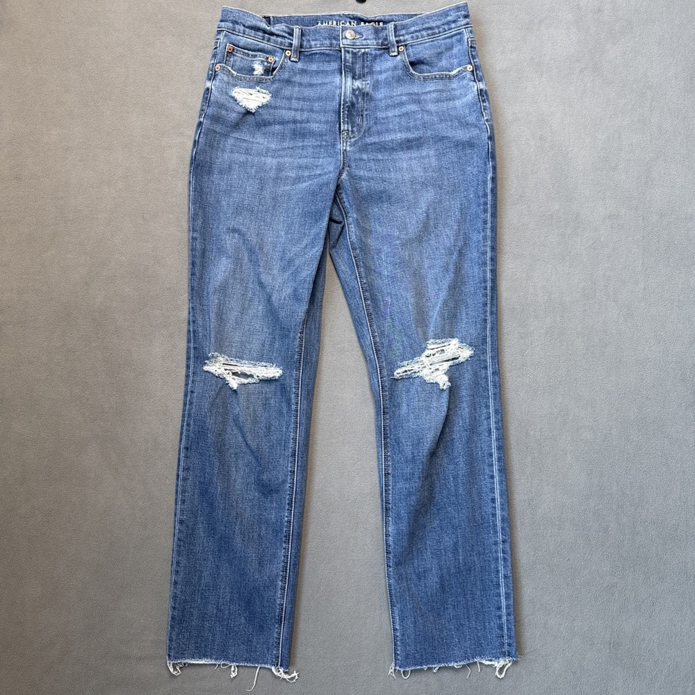 American Eagle Jeans Womens 12 Long‎ Blue Super High Rise Straight Raw Hem 04/25
